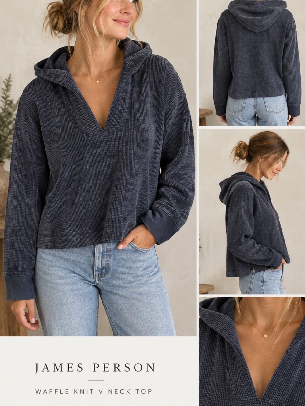 James Perse Charcoal Waffle-Knit V-Neck Hoodie